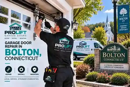 Garage door repair technician servicing a residential garage door in Bolton, CT