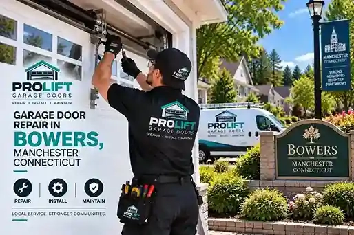 Garage door repair technician working on a residential garage in Bowers, Manchester CT