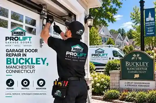 Garage door repair technician working on a residential garage in Buckley, Manchester CT