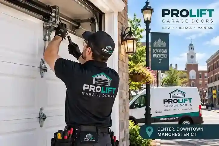 Garage door repair technician working in Center, downtown Manchester CT