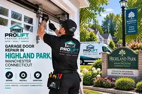 Garage door repair technician working on a residential garage in Highland Park, Manchester CT