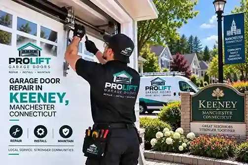 Garage door repair technician working on a residential garage in Keeney, Manchester CT