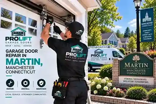 Garage door repair technician working on a residential garage in Martin, Manchester CT