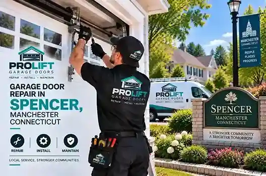 Garage door repair technician working on a residential garage in Spencer, Manchester CT