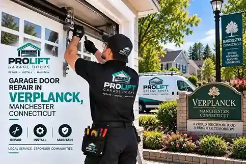 Garage door repair technician working on a residential garage in Verplanck, Manchester CT