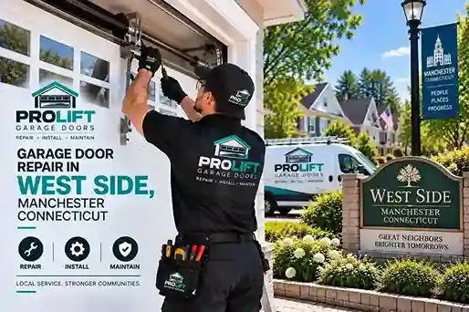 Garage door repair technician working on a residential garage in West Side, Manchester CT